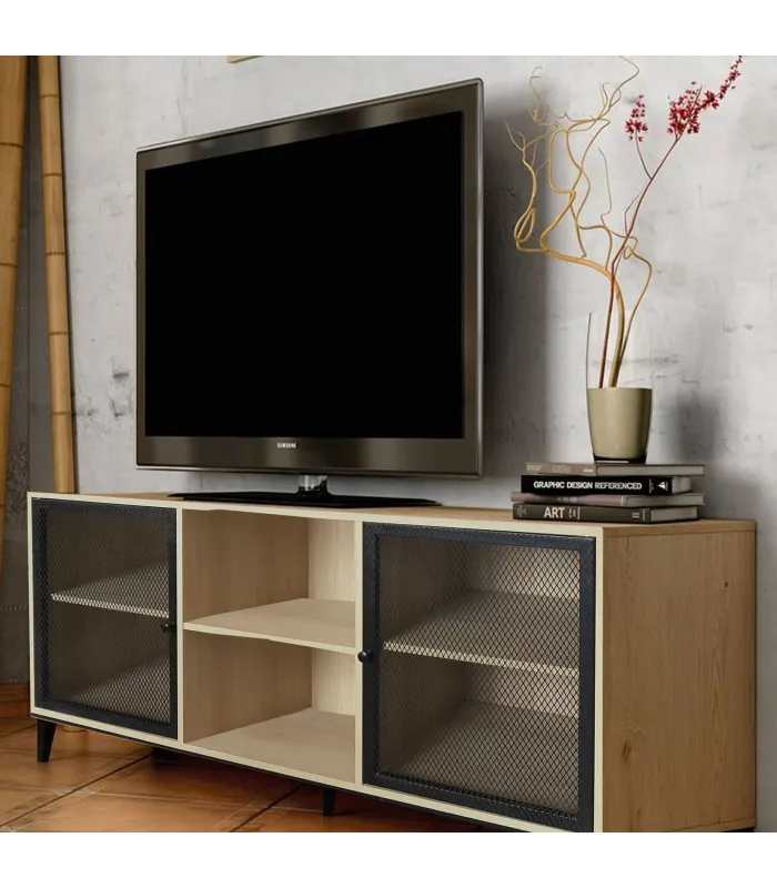 Meuble de télévision bois et métal noir 150x40x60cm